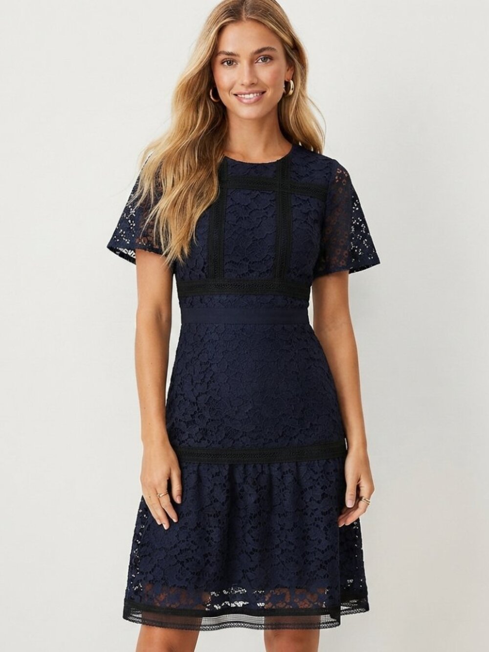 Ann Taylor Night Sky Floral Mixed Lace Flare Dress Size 8 39939